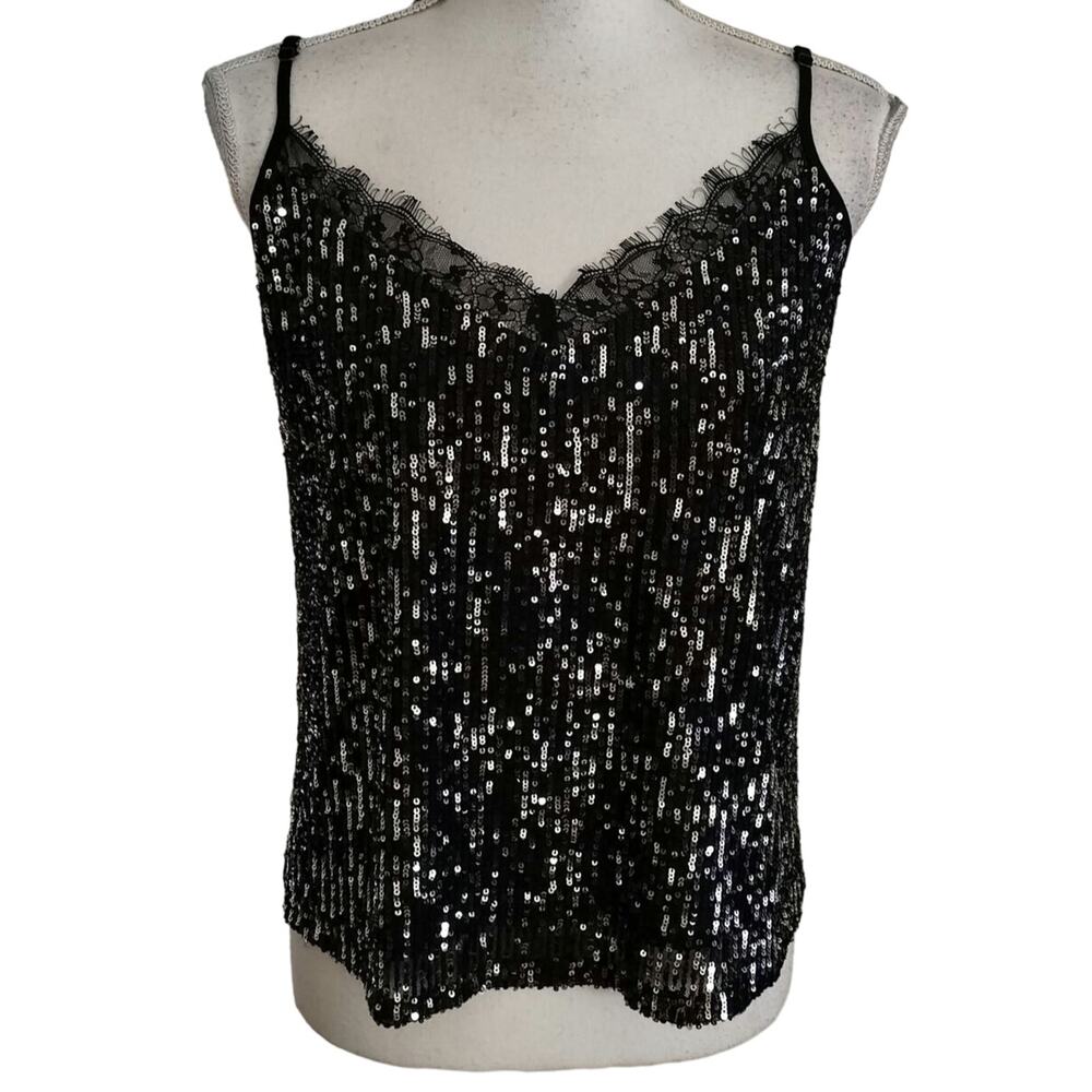 🌻 2/$20 Vestique M Sequin Cami Top Tank Lace NYE Party Holiday New Years Eve